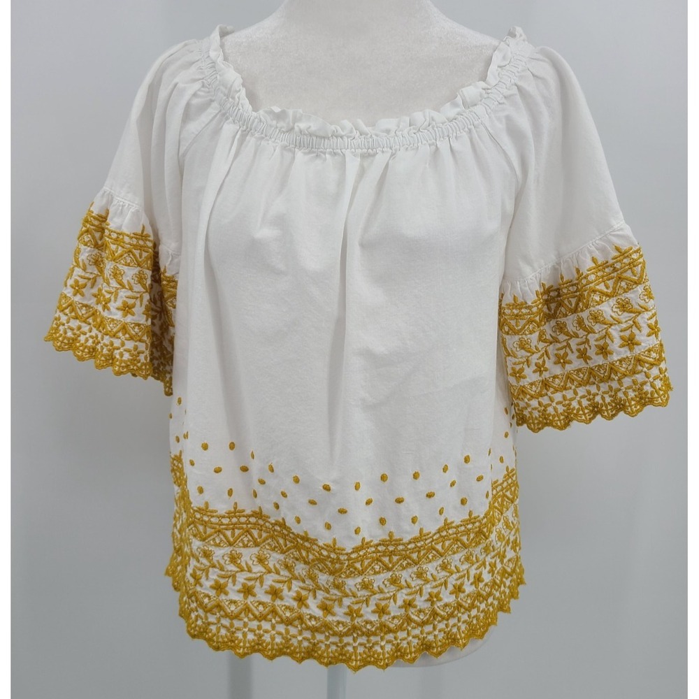 Cottagecore Embroidered Regency Top M Women Ruffle White Bell Cotton Peasant